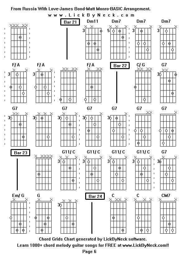 Chord Grids Chart of chord melody fingerstyle guitar song-From Russia With Love-James Bond-Matt Monro-BASIC Arrangement,generated by LickByNeck software.